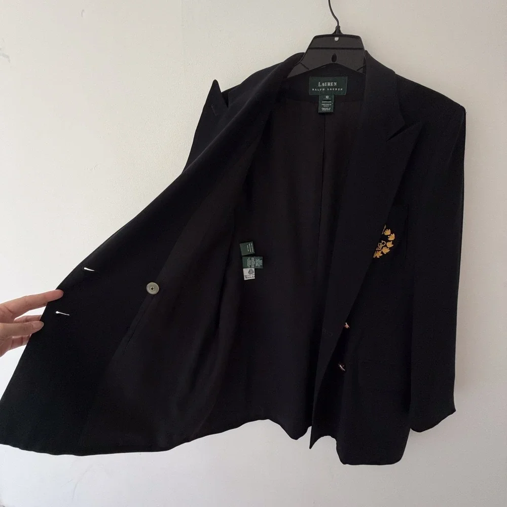 Lauren Ralph Lauren Navy Blue Tailored Blazer Crest Wool Size 10 Double Breasted - Picture 8 of 16